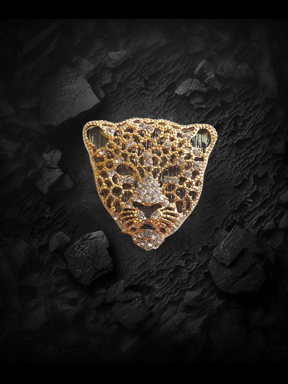 Gold Crystal Leopard Head Brooch